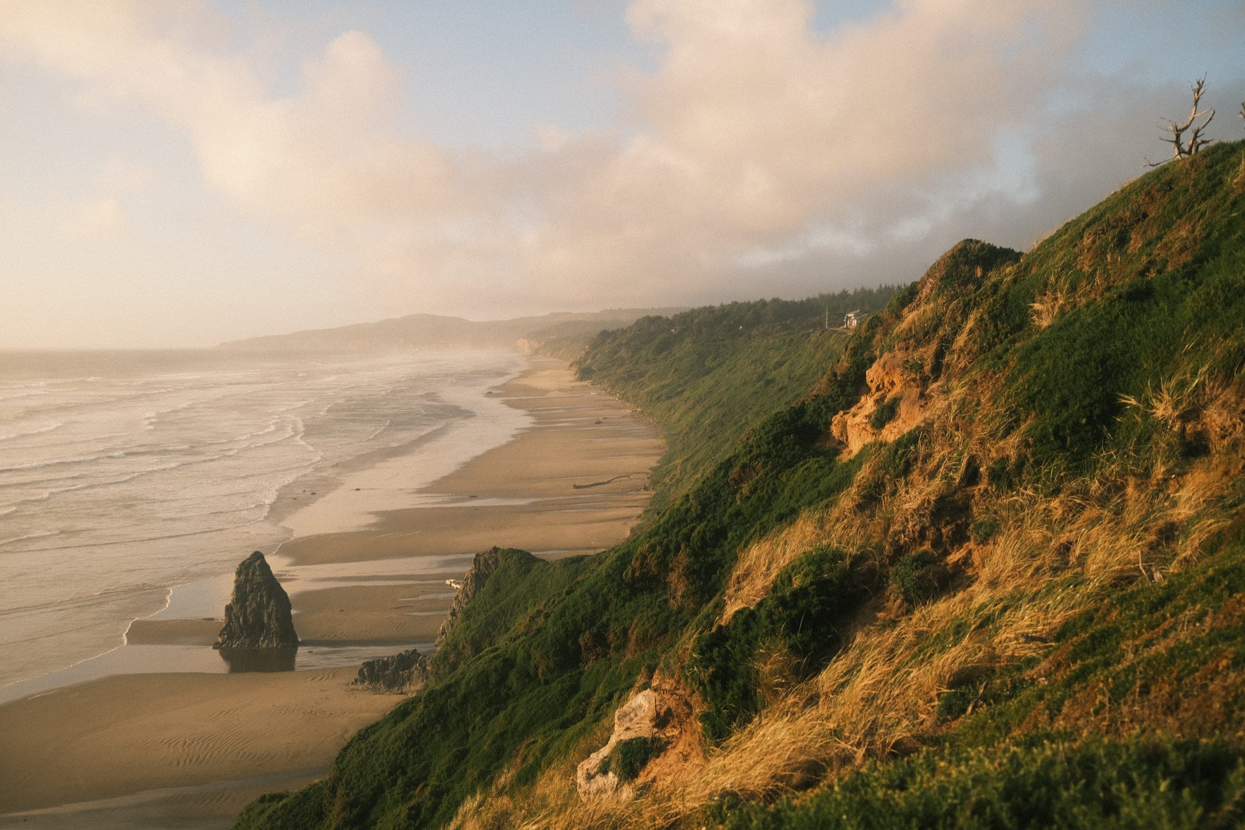 The Bandon coastline, a green headland dropping to a long beach and a sea stack in evening light.