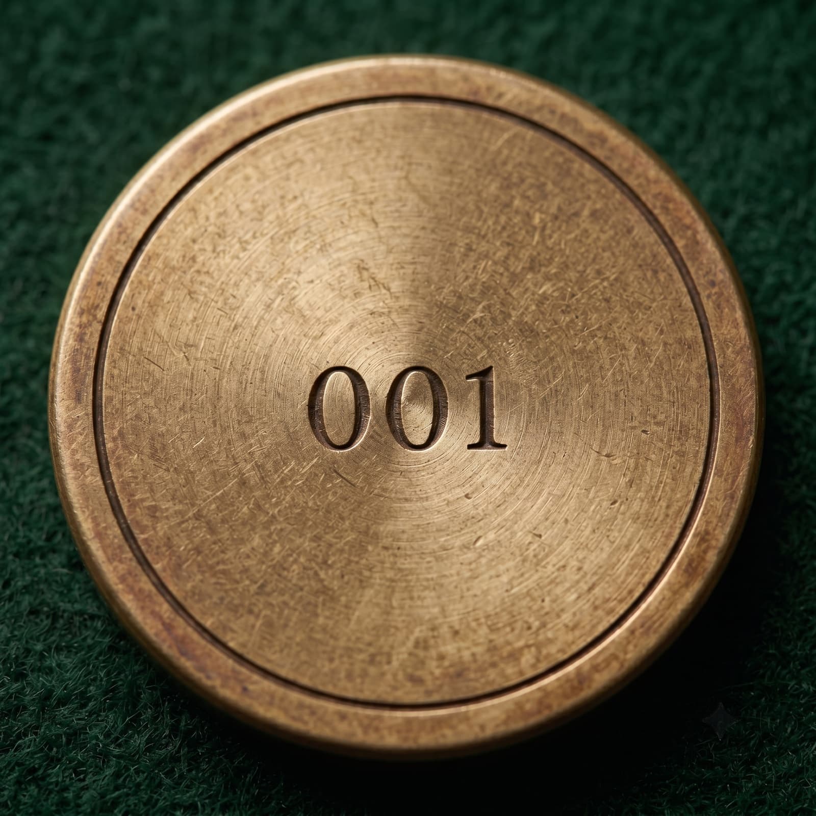 The reverse of the solid brass Brassie ball marker, engraved with founding number 001.