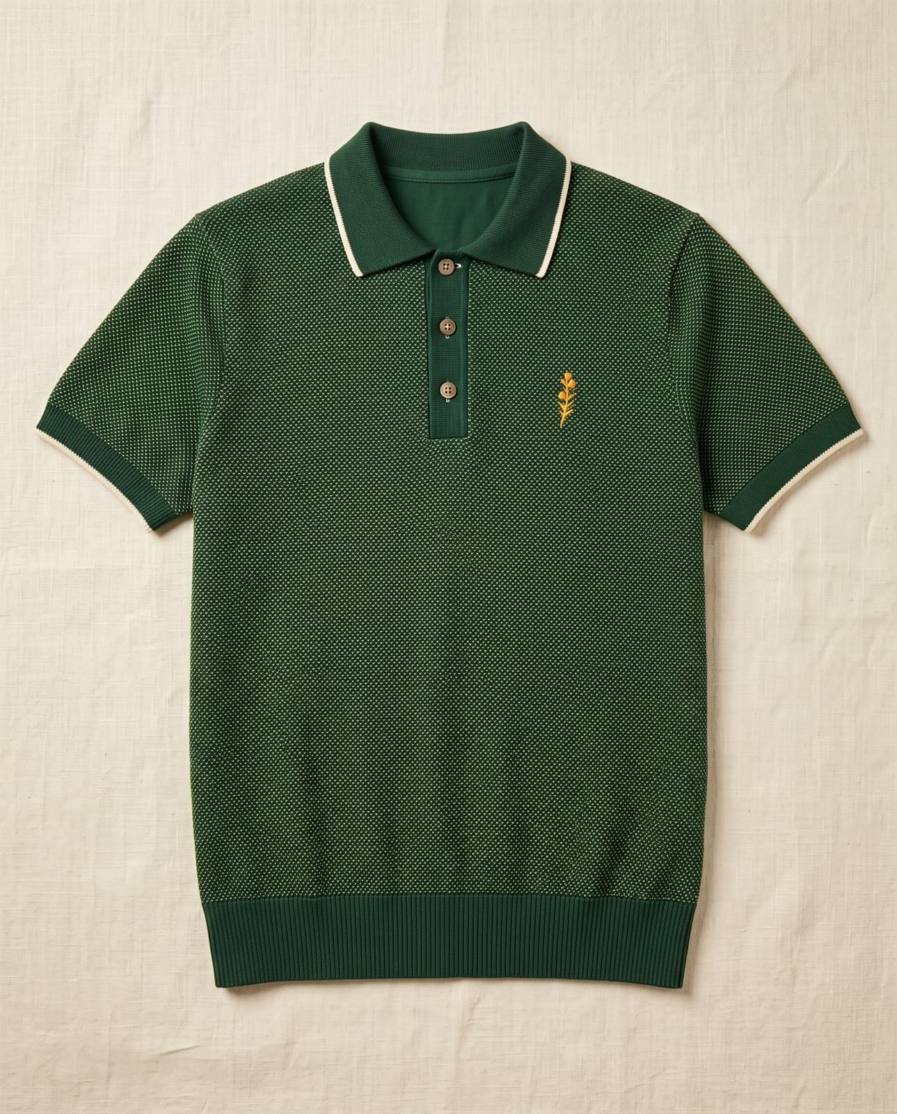 A deep racing-green bird's-eye piqué polo with a cream-tipped collar and a small gold gorse emblem at the chest, laid flat on cream linen.