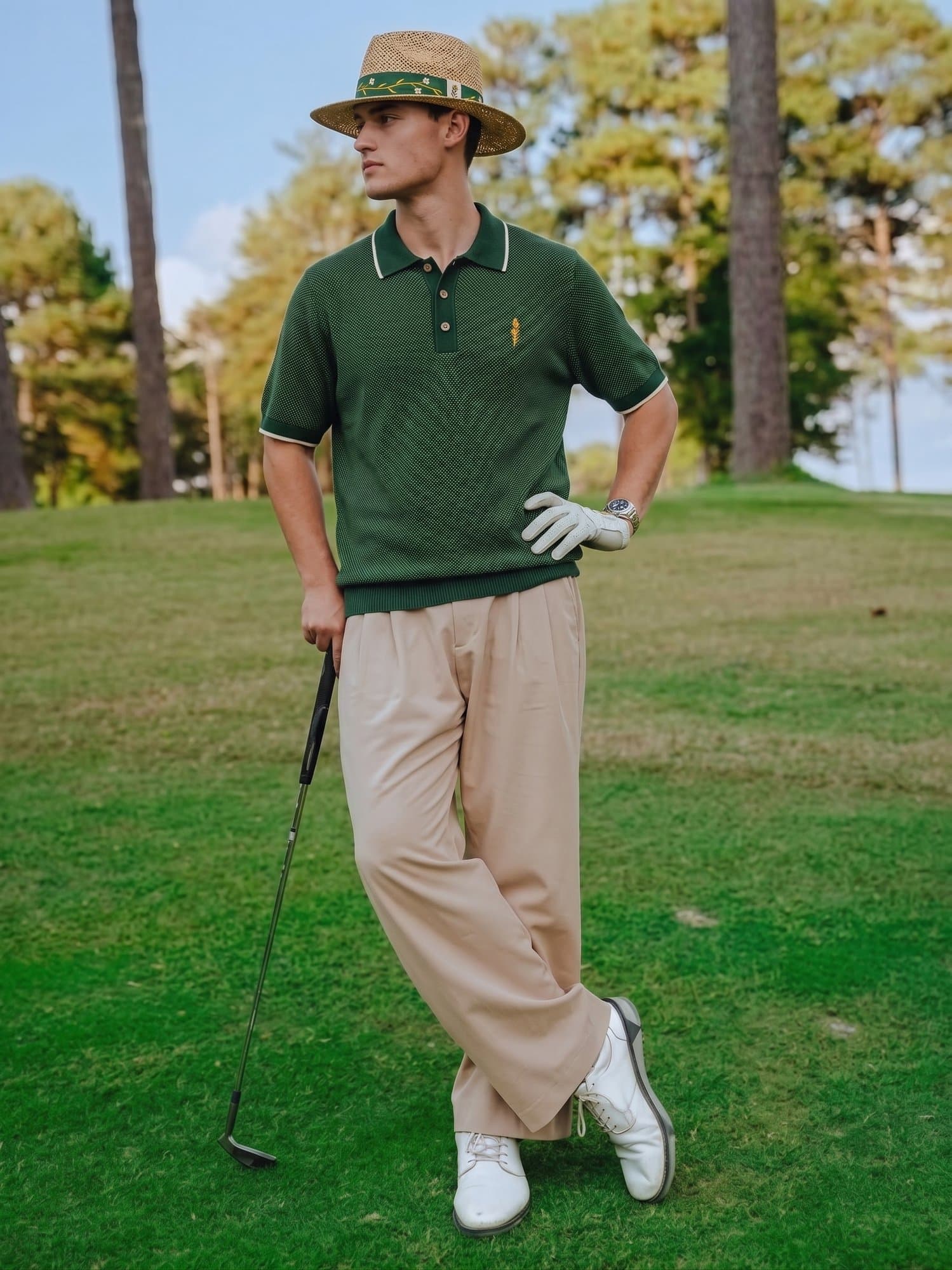 The Niblick polo worn on the course with The 94 straw hat.