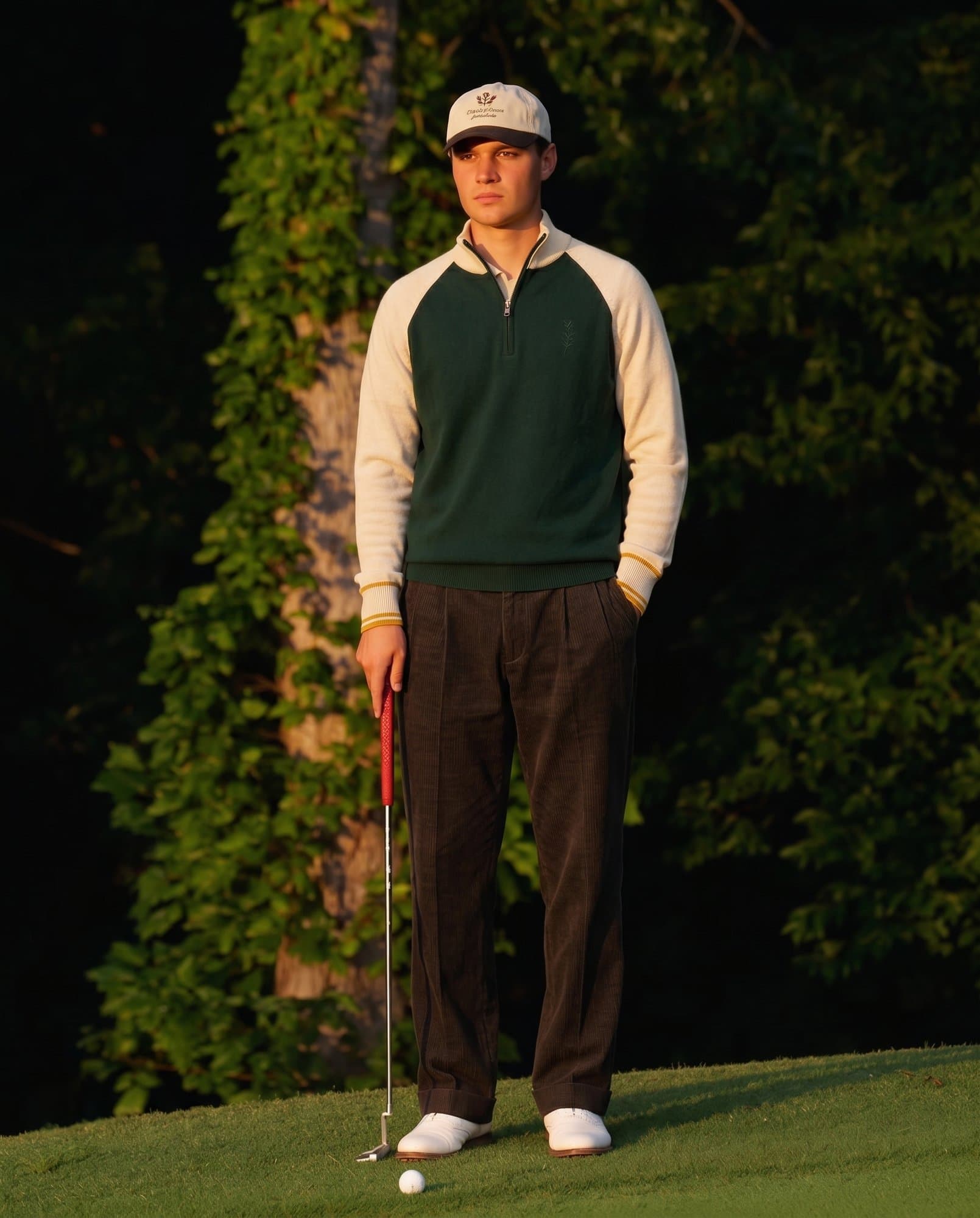 The colorblock quarter-zip worn on the green at dusk.