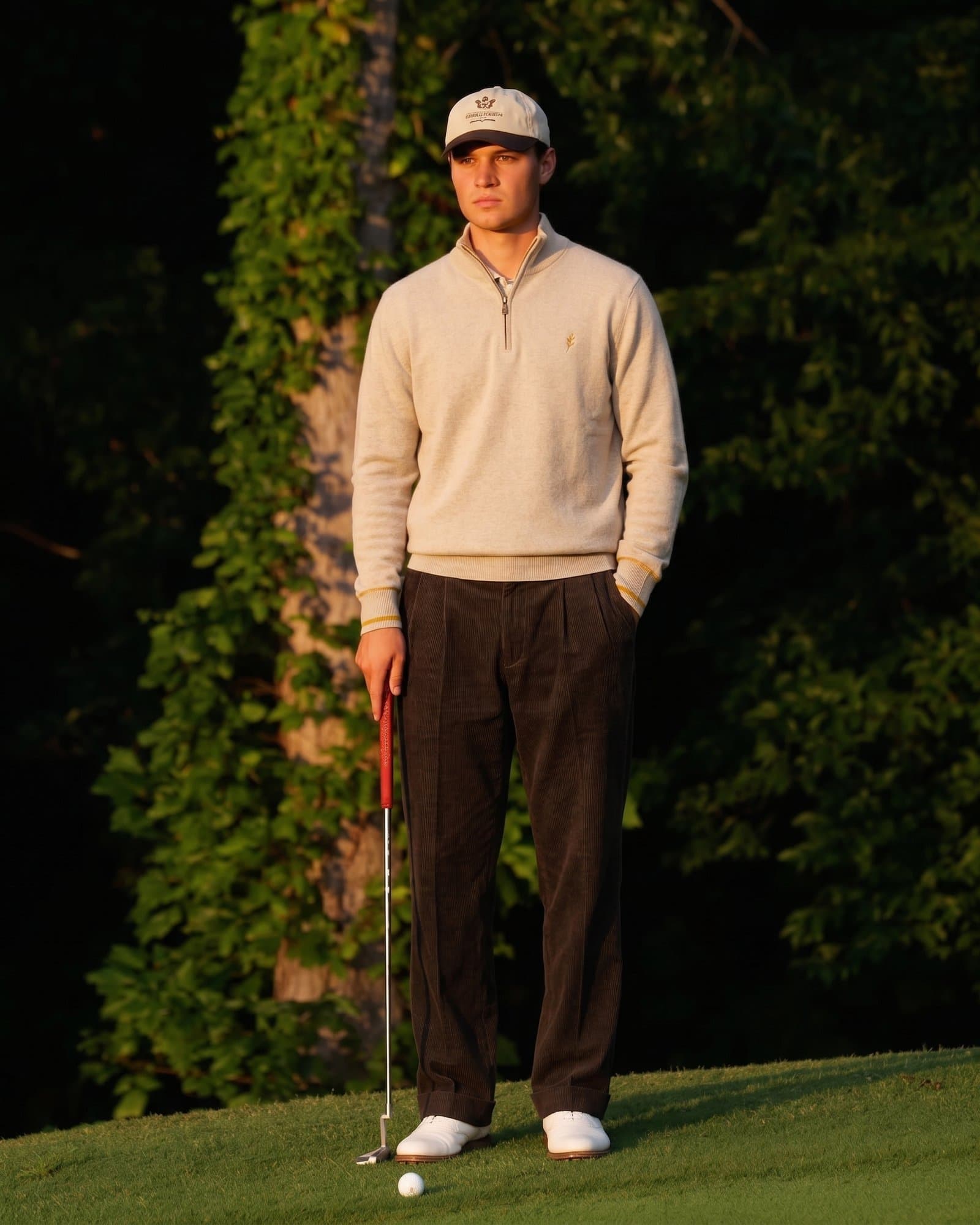 The oatmeal quarter-zip worn at golden hour, putter in hand.